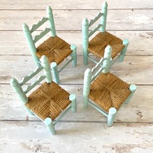 Shaker Chair Doll Furniture 4pc Set Blue Wood & Threaded Twine 8in Tall